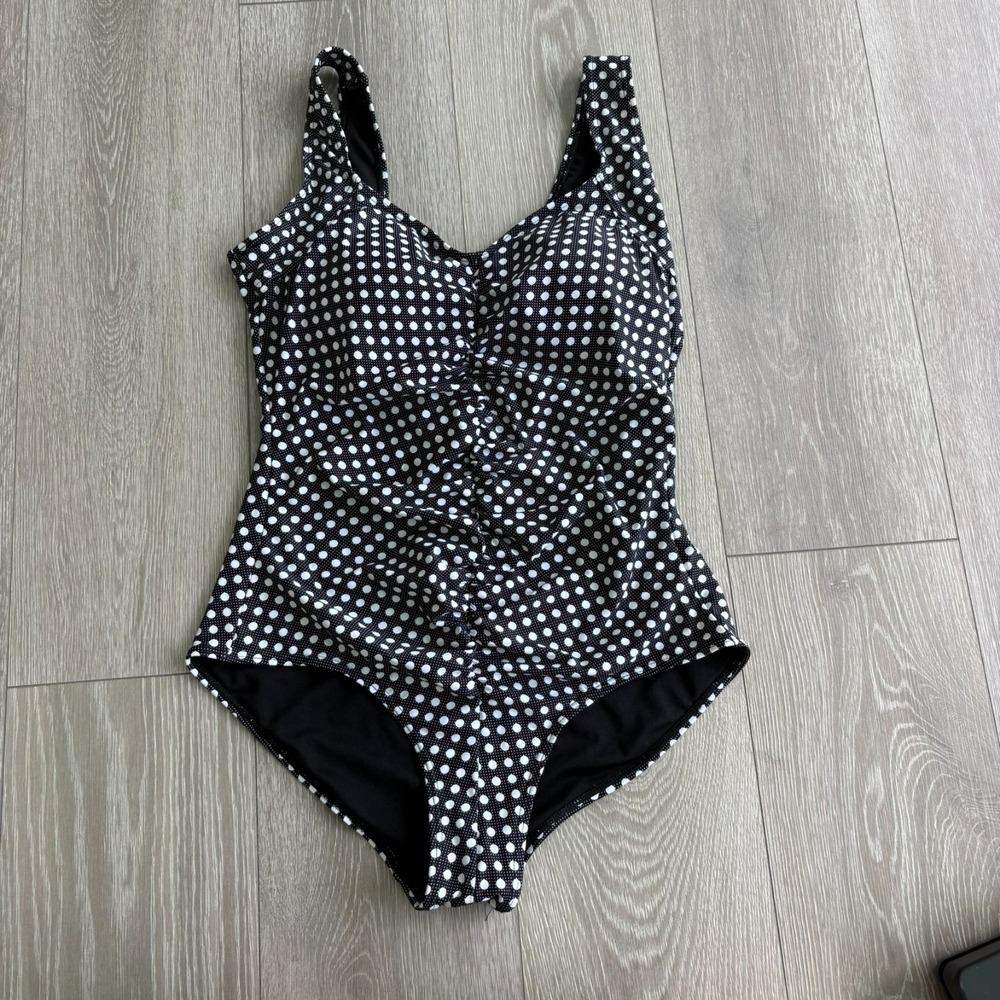 Island Pearls Womens‎ Black White Polka Dot Retro One Piece Swimsuit Size 14